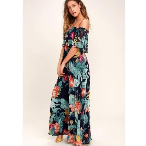 Lulus Infinite Love Floral Tropical Print Off Shoulder Ruffle Maxi Dress XS NWT - Picture 4 of 8